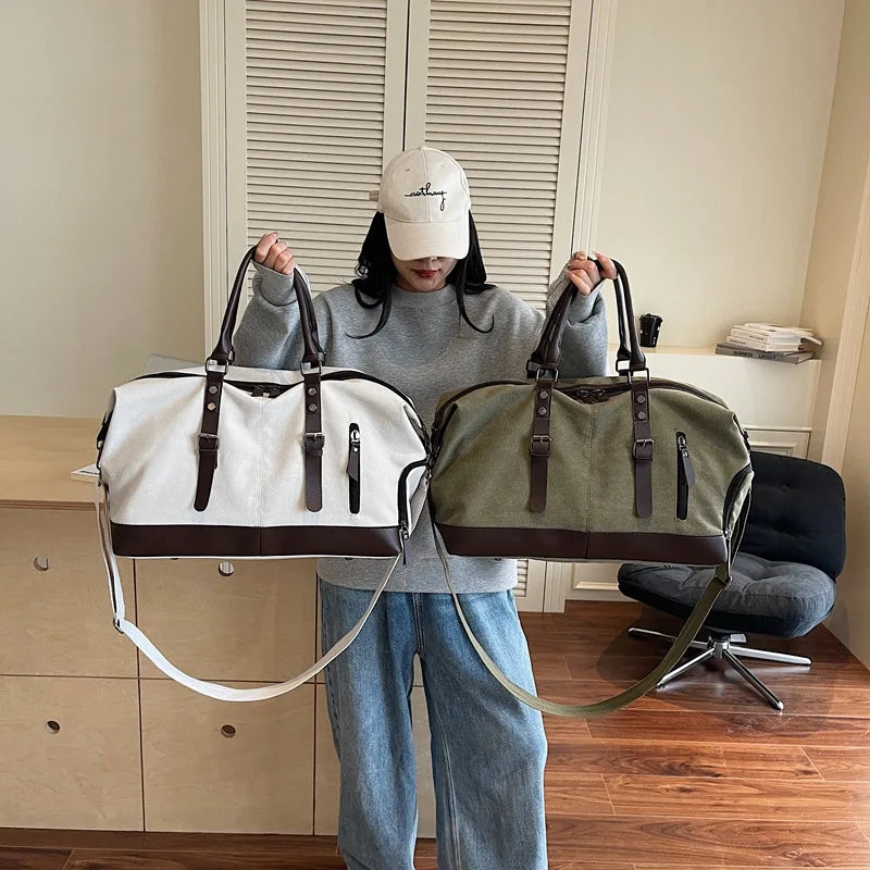 Vintage Canvas Casual Weekend Bag Travel Tote Bag Portable Large Capacity Duffel Bag With Shoe Compartment Crossbody Luggage Bag