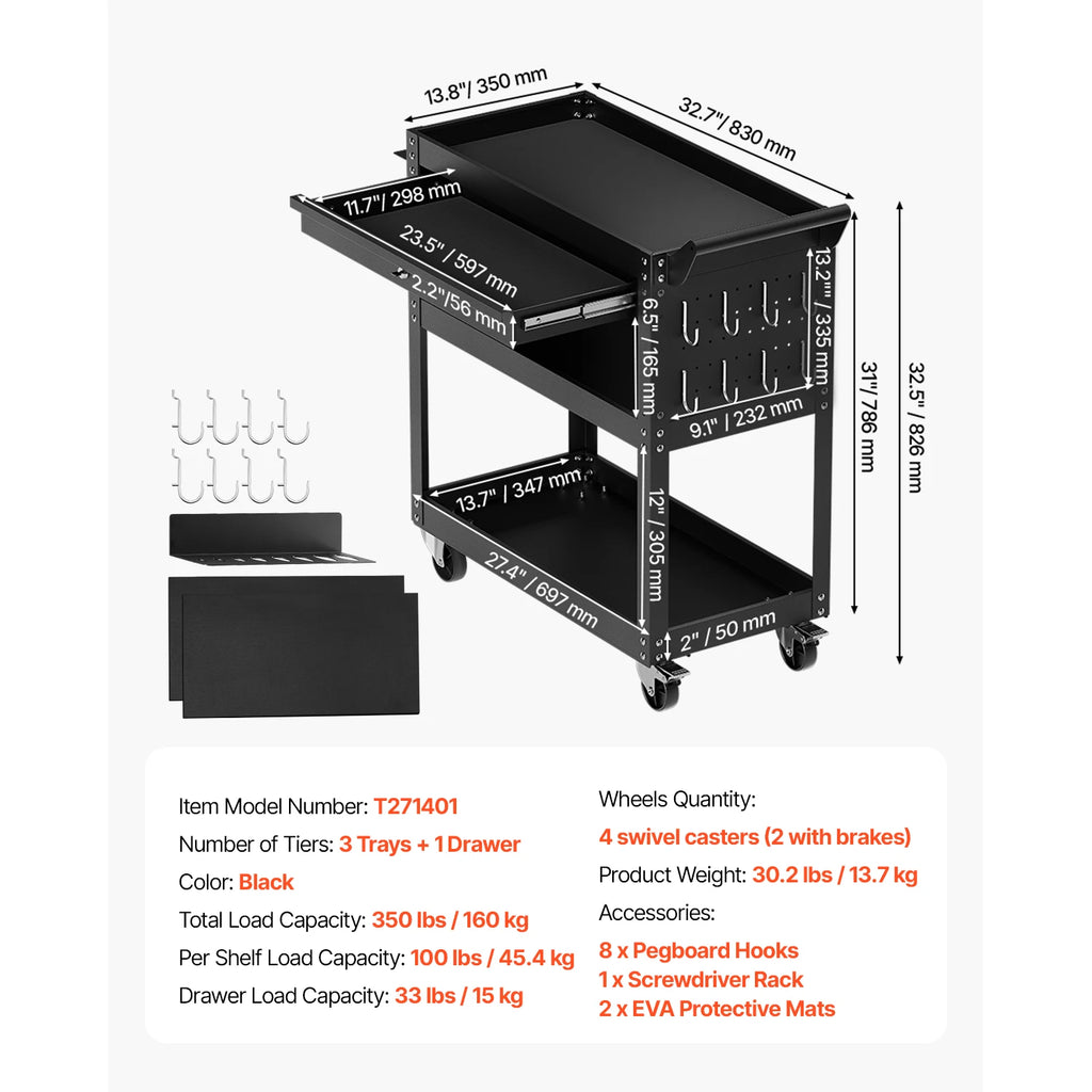 VEVOR 4-Tier Rolling Tool Cart on Wheels Mechanic Cart with Drawer & Pegboard Tool Storage Organizerfor Garage Repair Shop