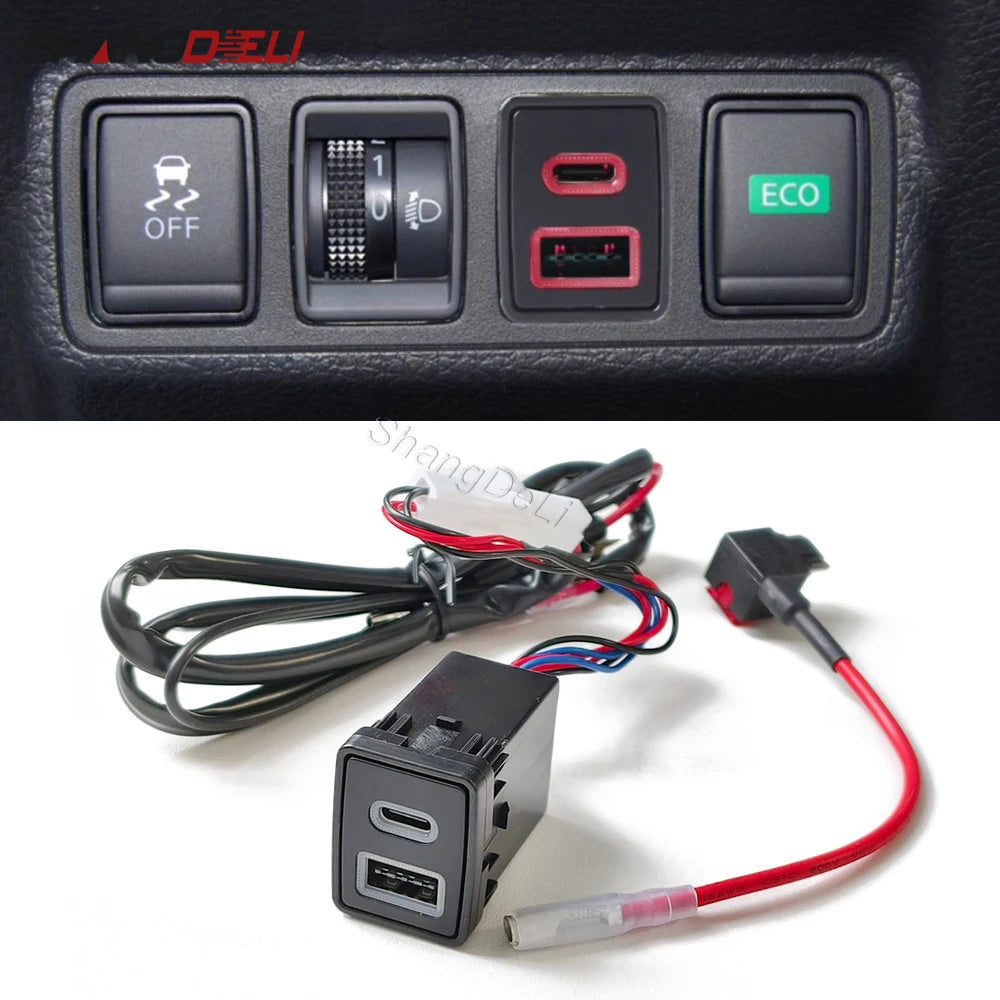Car Quick Charger Dual Port TYPE-C PD QC3.0 USB Interface Socket for Nissan Teana Sylphy Qashqai X-TRAIL Serena Bluebird Navara