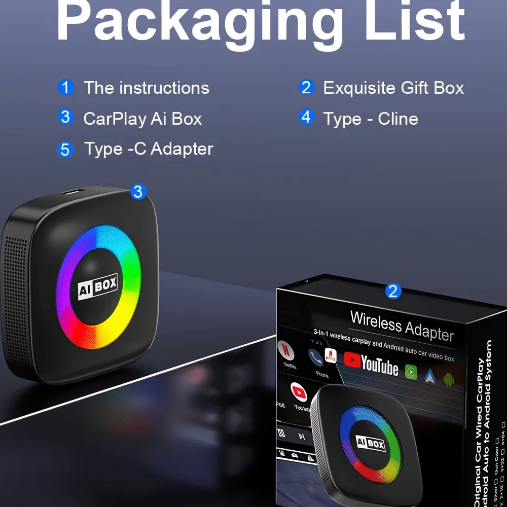 Magic Video Box, wireless CarPlay adapter, supports Netflix and YouTube streaming, plug-and-play, equipped with a TF card slot, compatible with Apple CarPlay and Android Auto video entertainment, in-car audio accessory, batte