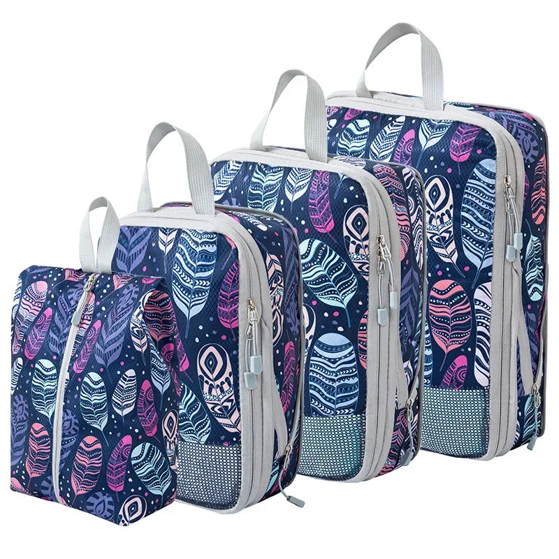 4Pcs/Set Printed Compression Storage Bag Large Capacity Expandable Luggage Storage Bags Set Dampproof Foldable Suitcases Bag