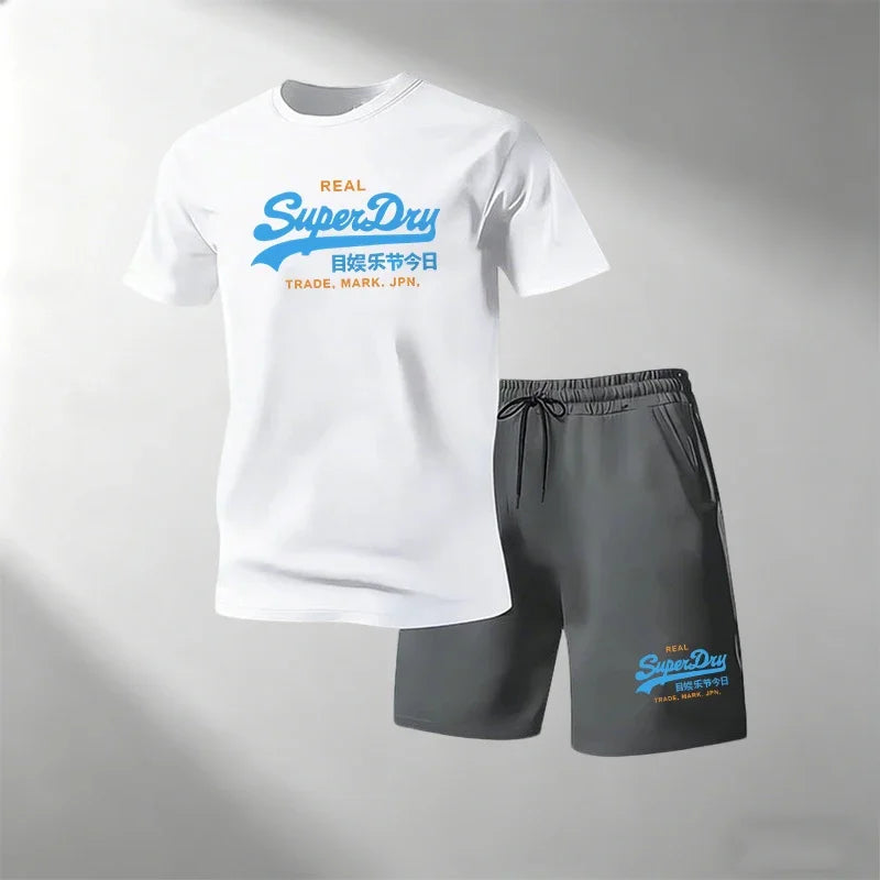 Summer Street Fitness Men's T-Shirts Sets Short Sleeve T-Shirt + Shorts Quick Dry Breathable Round Neck Running Suit Hot Sale