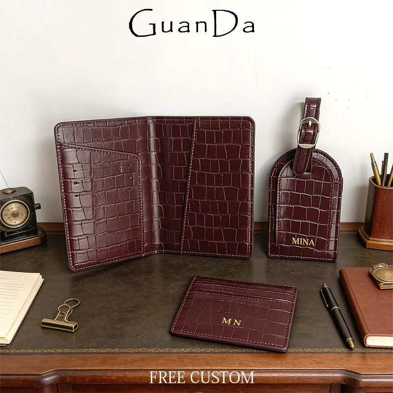 Fashion Crocodile Pattern Leather Passport Holder Custom Name Travel Luggage Tag Engrave Initials Retro Luxury Card Holder Gift
