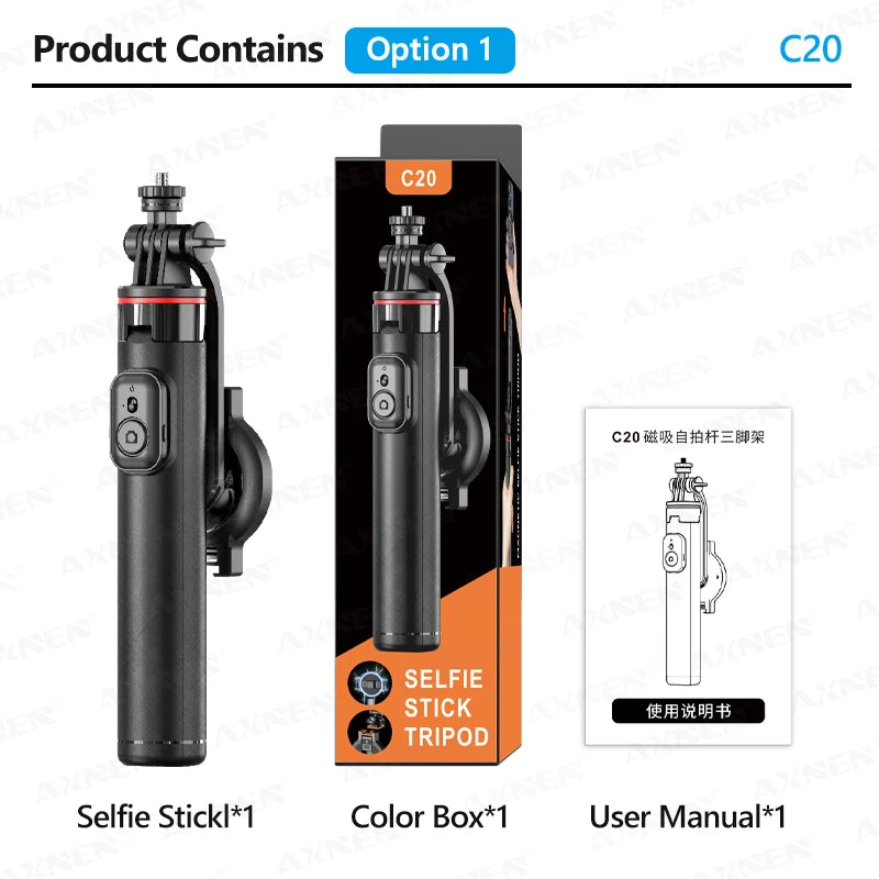 AXNEN C20 Magnetic Selfie Stick Tripod Extendable for Cellphone Shooting with Remote 1/4" Thread for Action Camera Ring Light