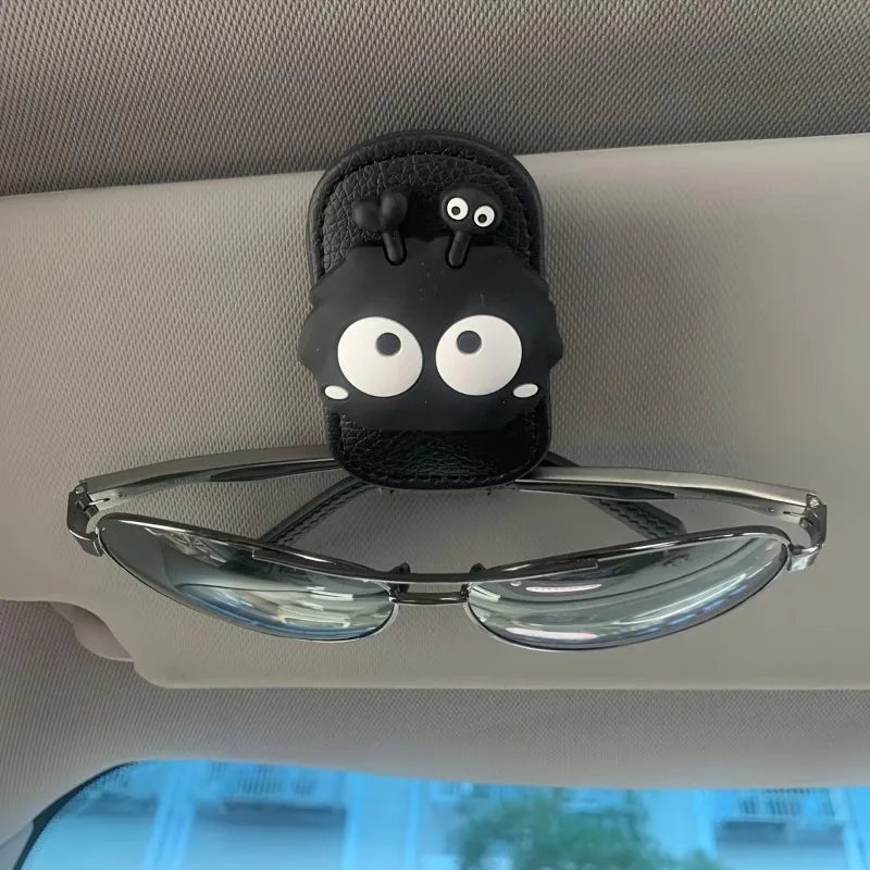 Cute Soot Sprite Car Sunglasses Clip Leather Visor Eyeglasses Holder Black Coal Ball Car Interior Accessory Ticket Storage Clip