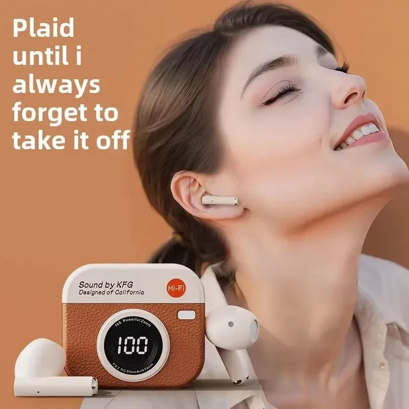 Bluetooth Earphones Camera Style Wireless Headset In-Ear Sports Running Headphones with Microphone Hands-Free Control