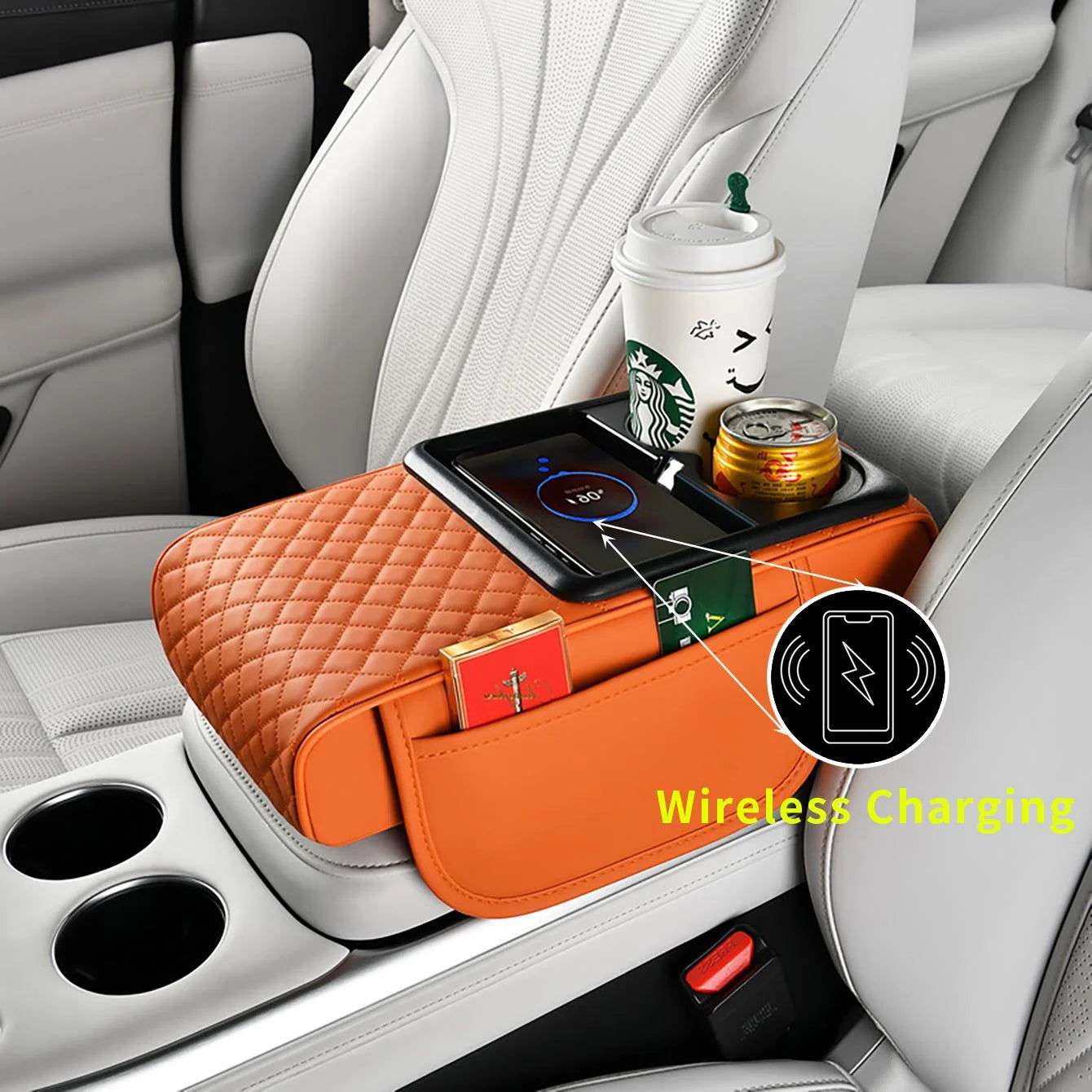 1 Car Armrest Box with Multiple Colors, Compatible with Apple and Huawei Wireless Charging, Comes with a Pack of Tissues and a Coaster