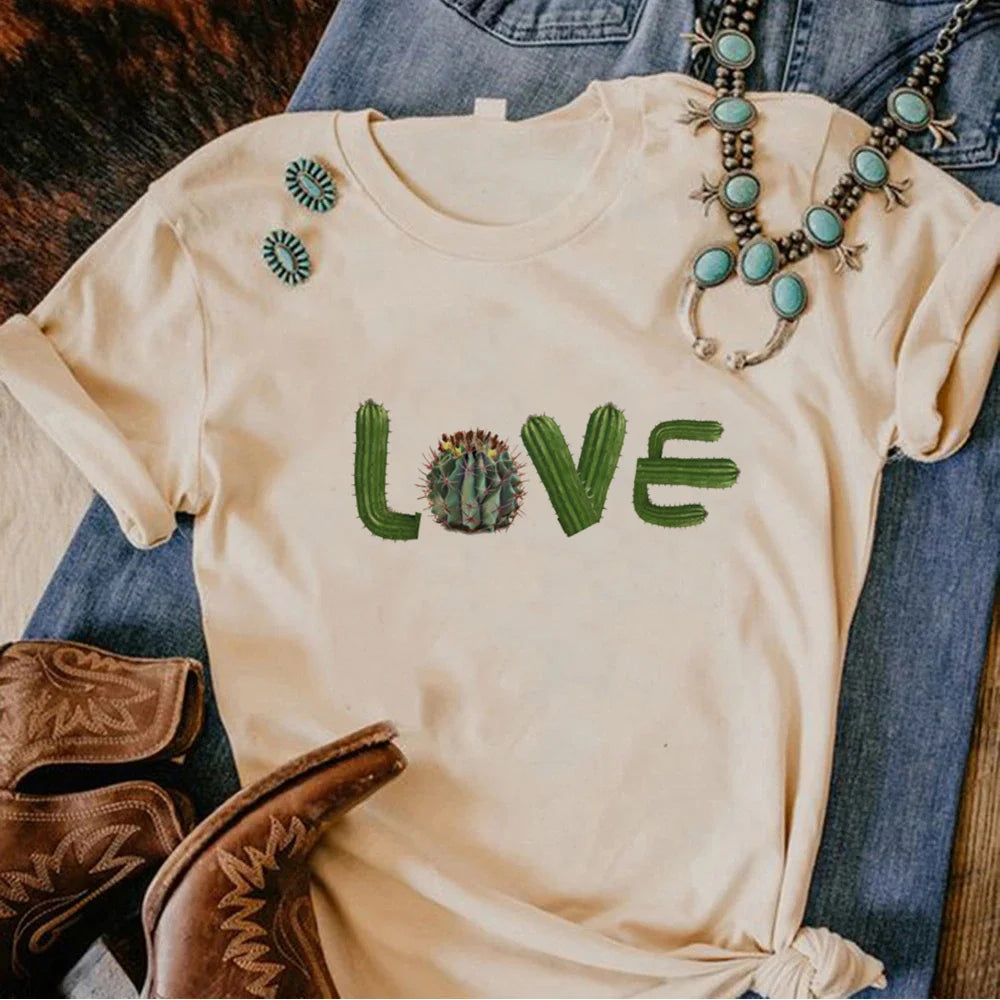 Plus Size Plants Love Printed Tee Women Streetwear Summer Top Female Round Neck T-Shirt Short Sleeve for Daily Wear Casual Tees