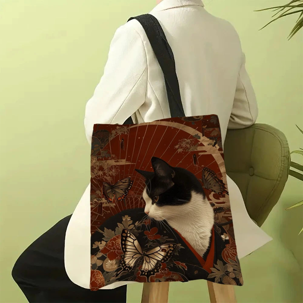 Classic Black And White Cat Tote Bag With Cat Print, Reusable Shoulder Shopping Beach Bag For Women, Durable Casual Carryall
