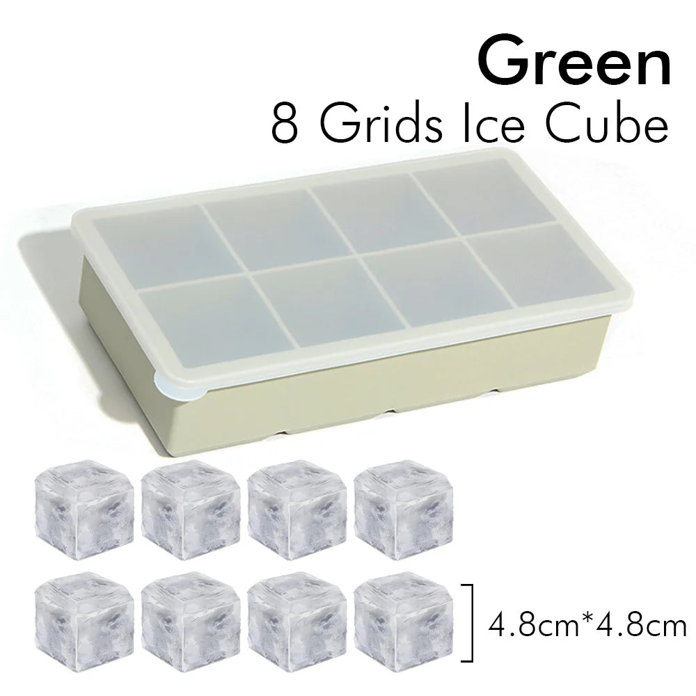 8 Grids Large Ice Cube Tray with Lid Food Grade Silicone Rubber Colorful Square Ice Cube Mold For Cocktail Iced Coffee Kitchen
