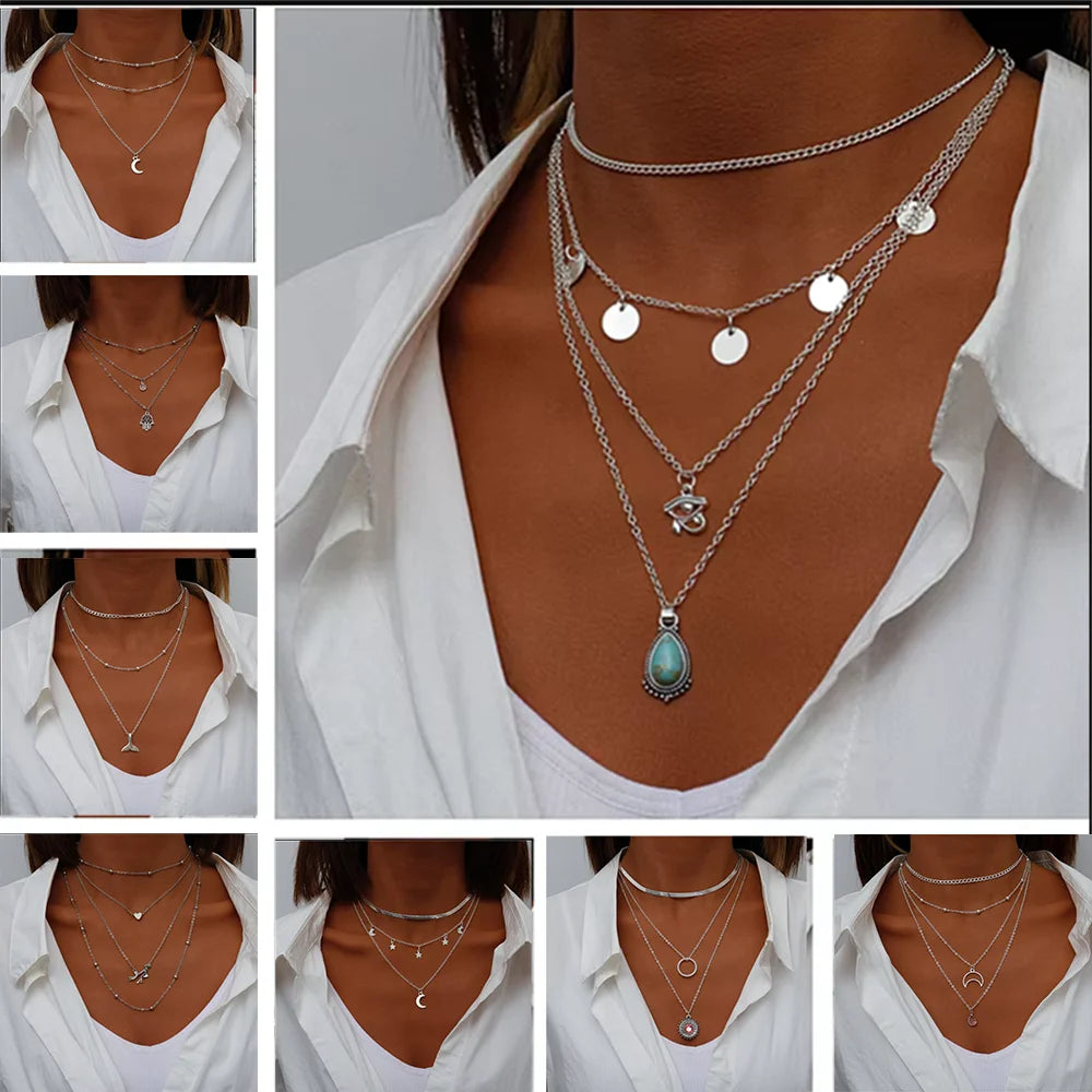 Vintage Multi Layered Moon Coin Moon Hamsa Hand Chain Necklaces for Women Boho Elephant Hearts Pendants Necklaces Jewelry