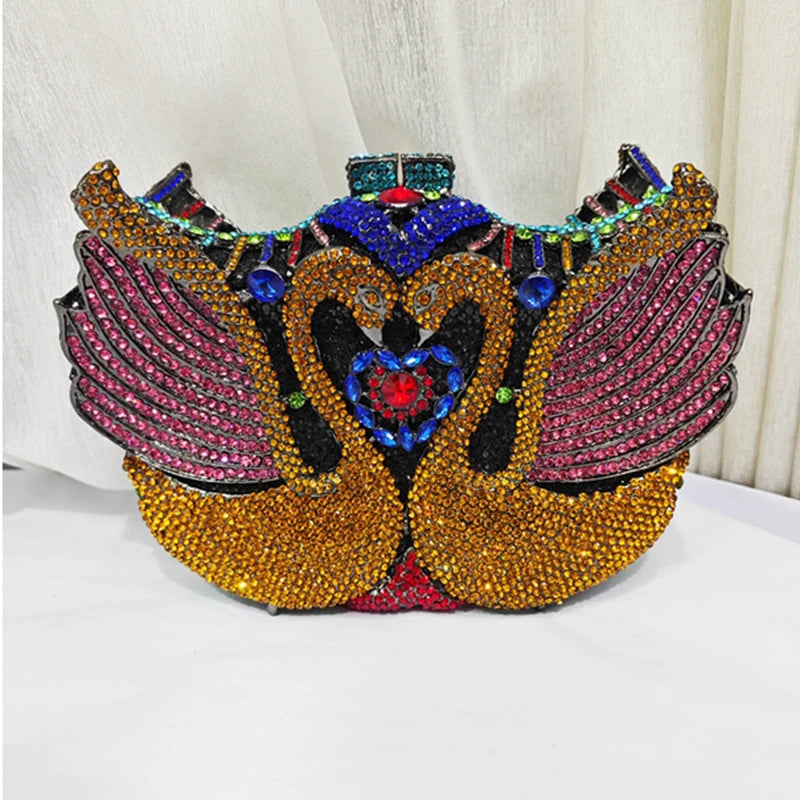 Rhinestone Evening Bag Purses  Purple/Gold  Gold Metal Bag WHTUOHENG Female Diamond Swan Shape Prom Party Purses Phone Clutch