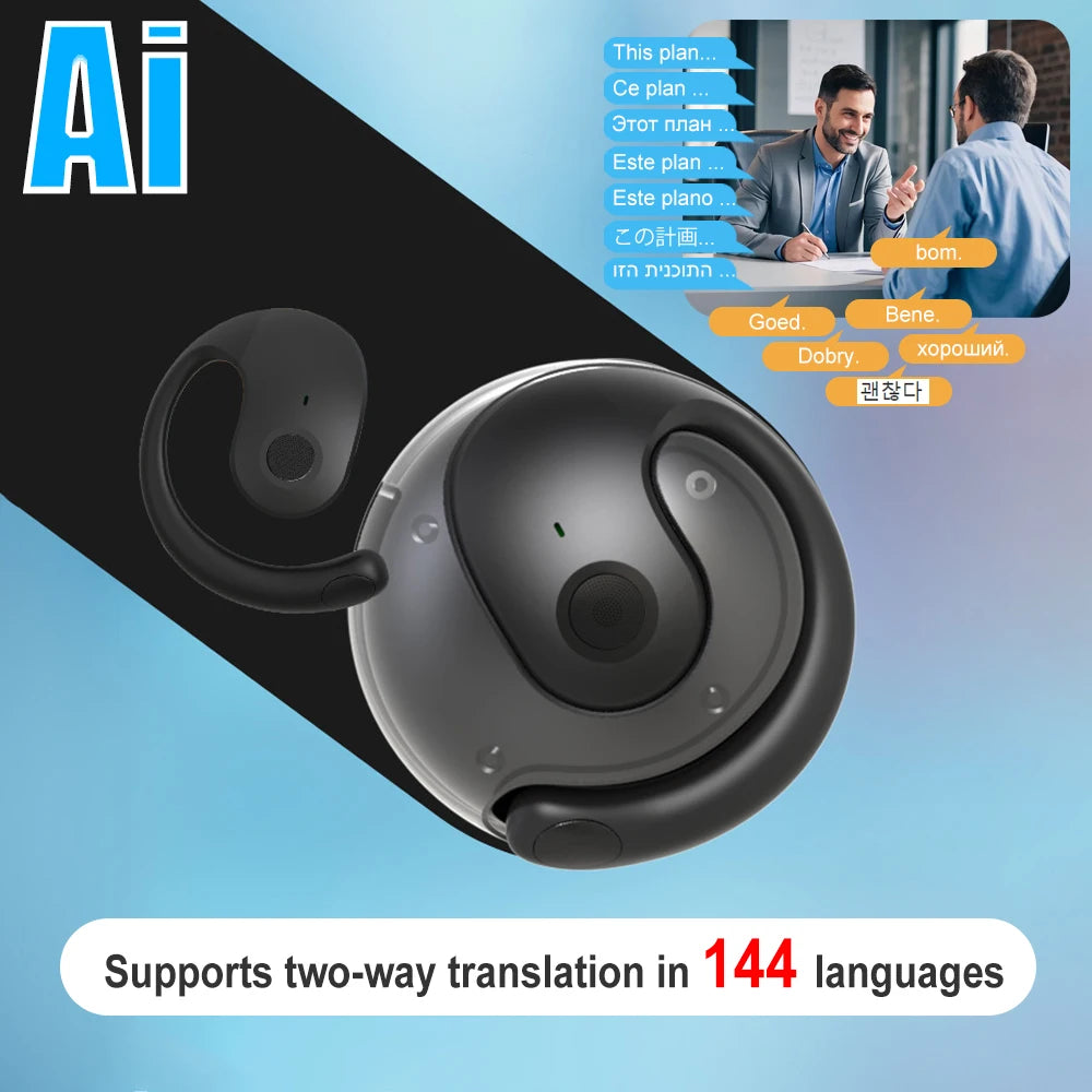 AI Translator Headphones 144 Languages Real Time Two-Way Translation Bluetooth Headset for Business Wireless Waterproof Earbuds