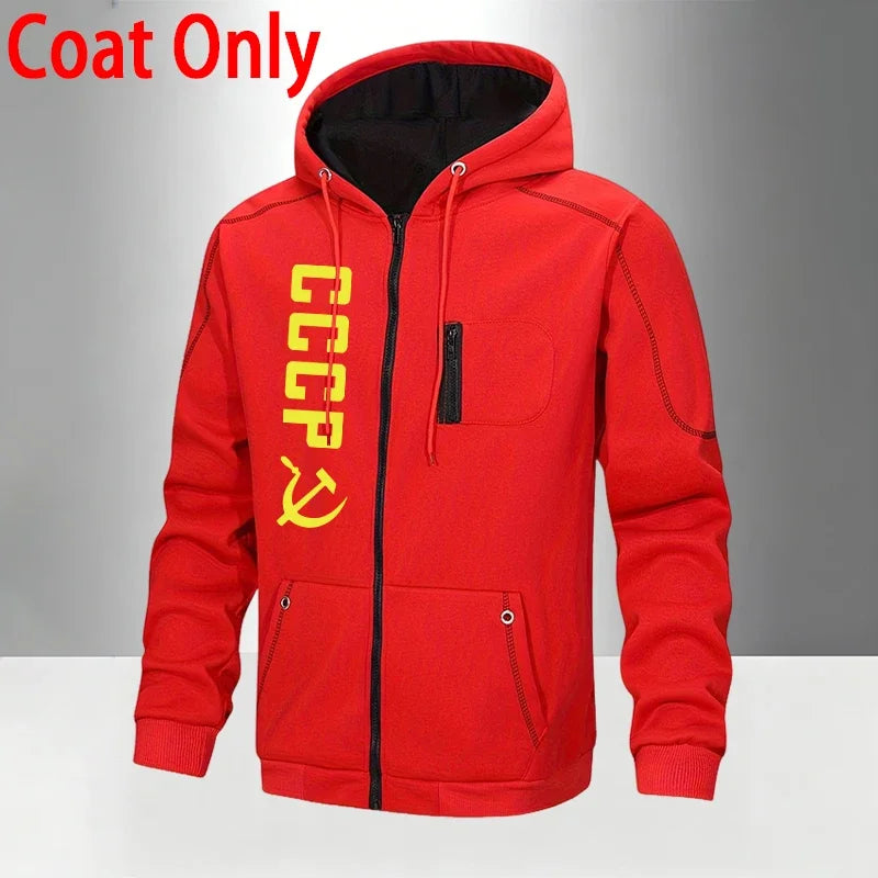 Men's Set/Coat/Pants CCCP Fashion Tracksuit Zipper Hooded Coat & Sweatpants Fall Winter Daily Casual Sports Jogger Sportswear