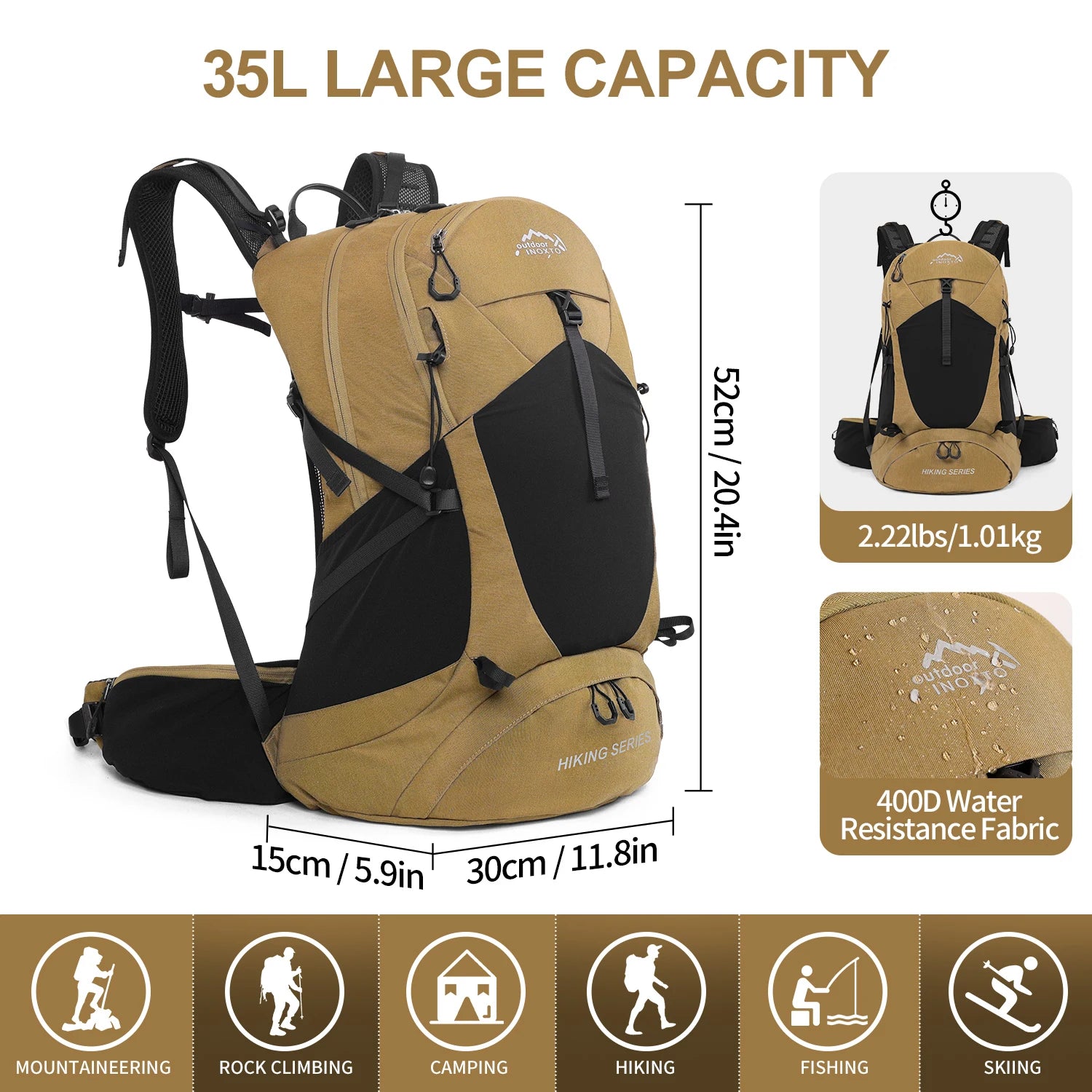 Mountaineering Backpack 35 Liters Men's and Women's Outdoor Sports Bag Waterproof Camping Hiking Rain