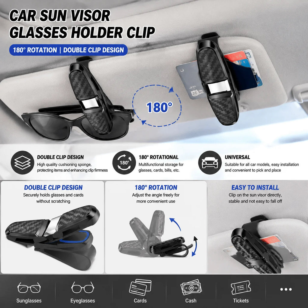 Ticket Card Receipt Clipboard Fastener Glasses Holder Carbon Fiber Car Sun Visor Sunglasses Clip 180 Degree Rotational Double Ended Mount Auto Interior Storage Organizer Accessories Tools