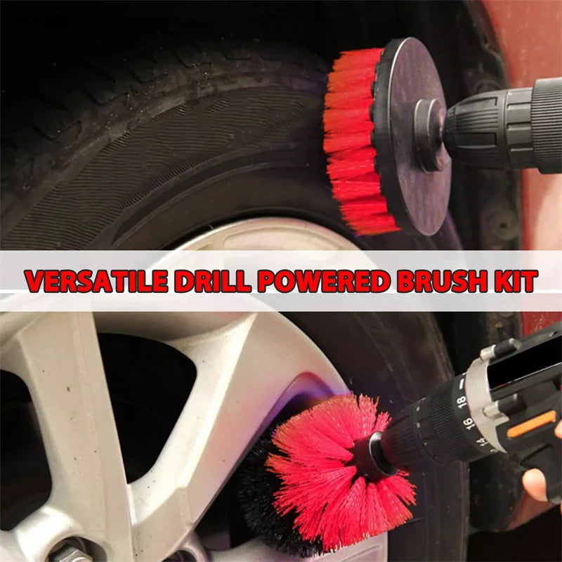 3Pcs Electric Scrubber Brush Drill Brush Kit Red Plastic Round Cleaning Tools For Carpet Glass Car Tires Nylon Brushes〔YY32〕