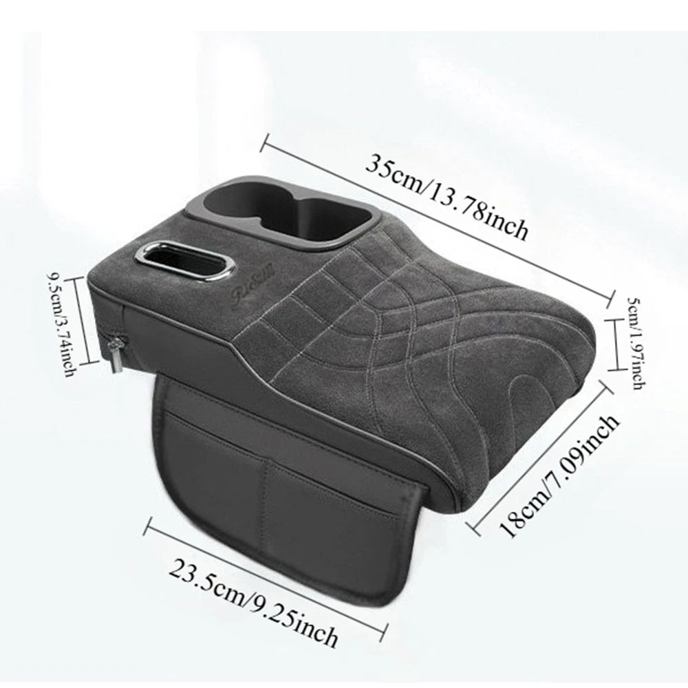 High-Low Style Suede fabric Car Armrest Box Cushion - an Armrest Cover with 2 Side Pockets, 2 Cup Holder,and 1 Tissue Box.