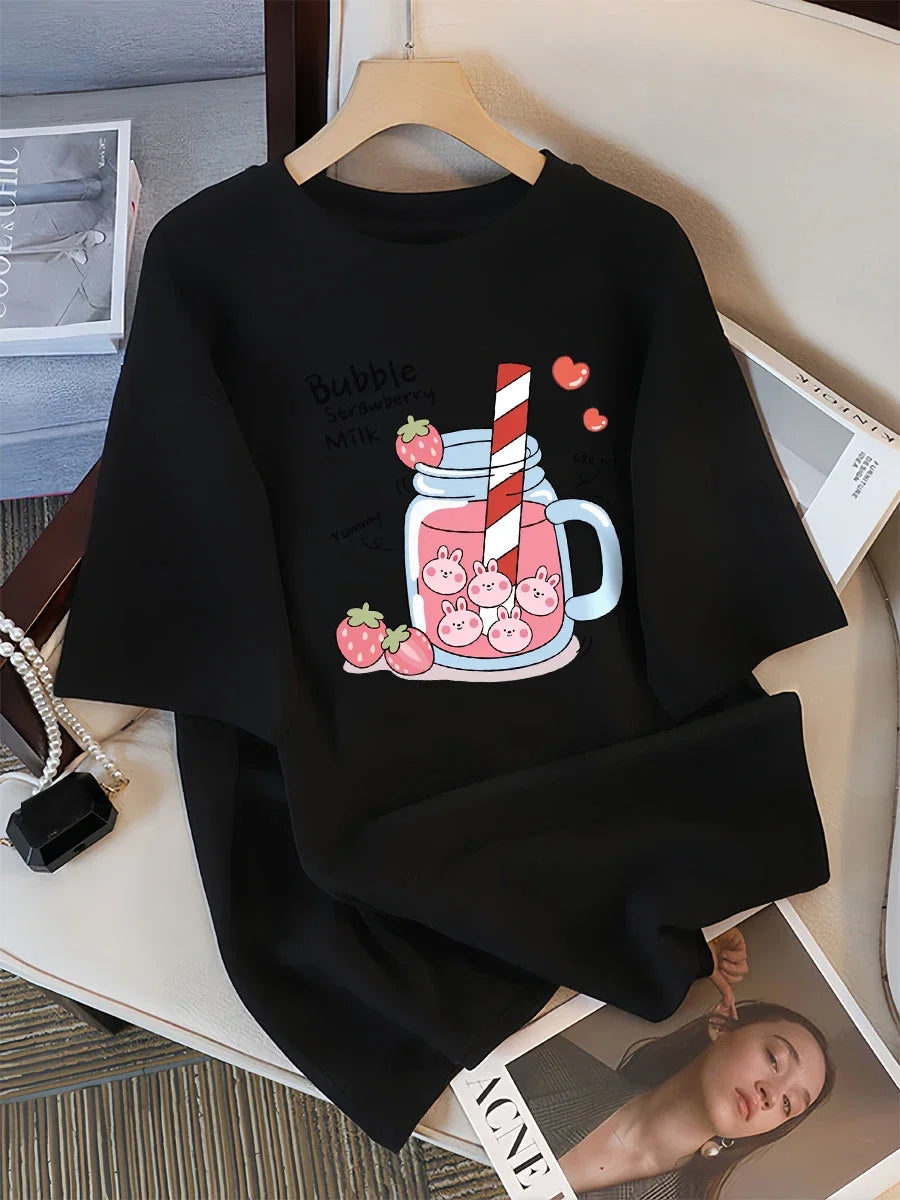 Plus Size Delicious Strawberry Drink Printed Women's T-shirt Summer Breathable Casual Sports Cool Short Sleeve Women Y2K Tops