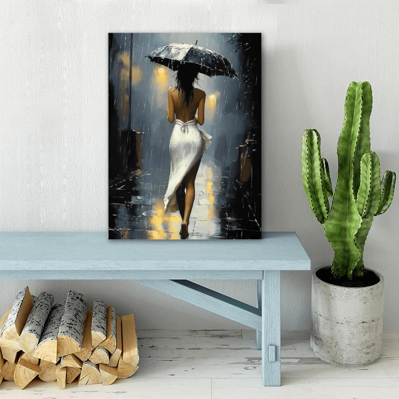 [Elegant Style] Romantic Rainy Night Canvas Art with Unframes –Elegant Umbrella Street Scene, Perfect for Living Room,Bedroom