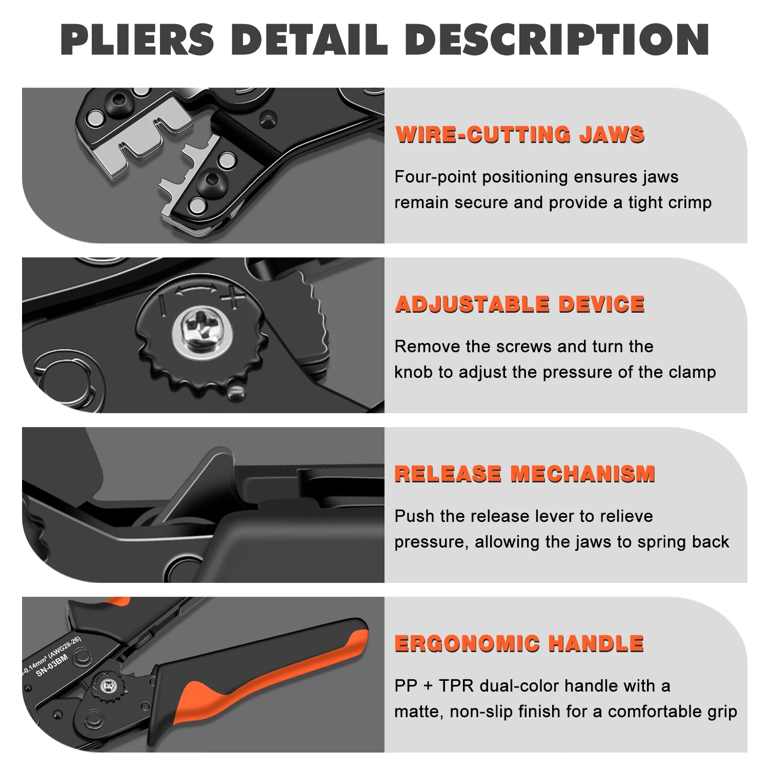 Wire Crimping Plier Micro Pin Connector Crimper for JST XH PH SH Molex KK D-sub Terminals AWG 28-20/28-26 SN-01BM/03BM