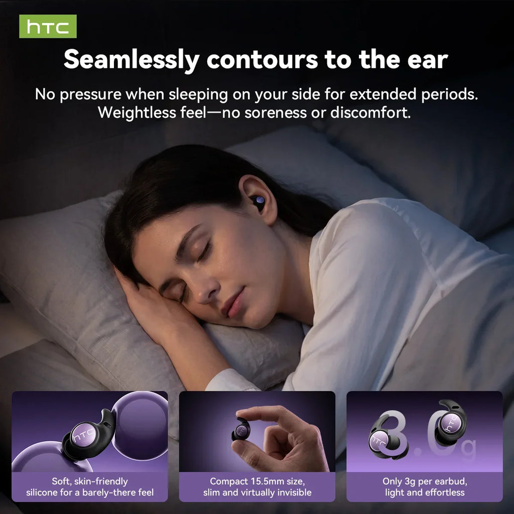 HTC NE76 Bluetooth Earbuds Mini Sleeping Earbuds for Wireless Earphones AI Translator, Noise Reduction Long Battery Headphones