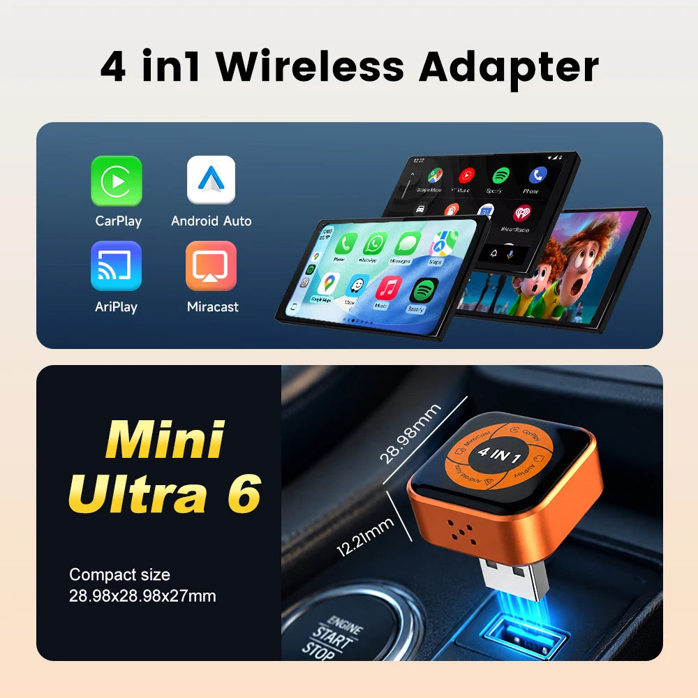 New 4-in-1 Wireless CarPlay Mini Ultra 6 Android Auto Dongle Screen Mirroring MiraCast AirPlay BT WiFi Seamless Connection OTA