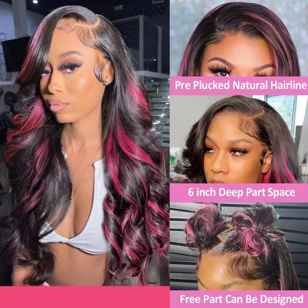 1B/Pink Ombre 13x6 HD Lace Front Wigs Pre Plucked 220% Density Body Wave Highlight Wig Human Hair Pink And Black Colored Wig