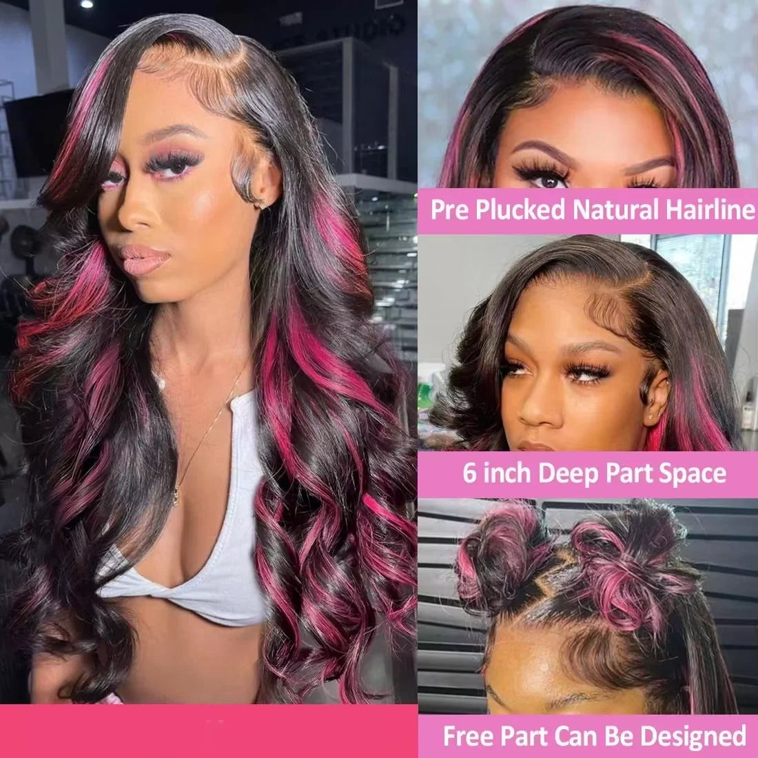 1B/Pink Ombre 13x6 HD Lace Front Wigs Pre Plucked 220% Density Body Wave Highlight Wig Human Hair Pink And Black Colored Wig