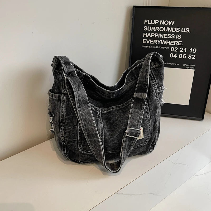 Sewing Thread Denim Zipper High Quality Shoulder Bags Large Capacity Commute Style 2025 New Youth Women's Crossbody Bags