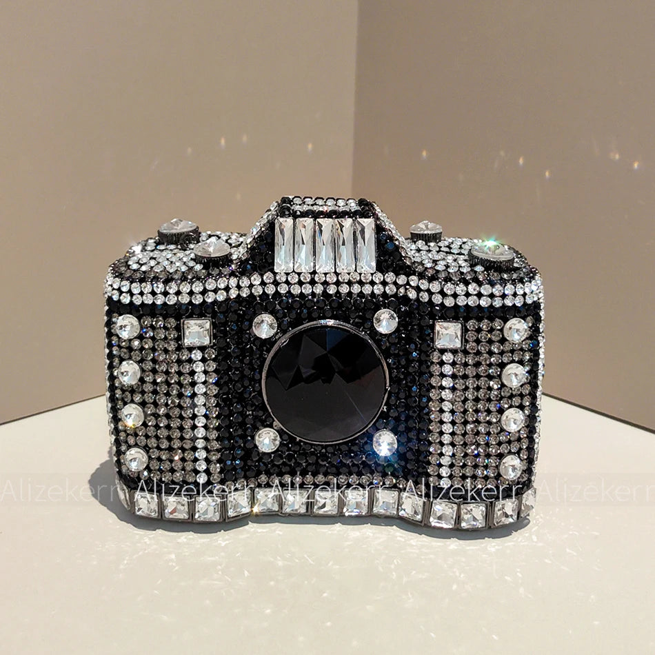 Camera Shaped Diamond Evening Clutch Bags 2024 New Boutique Novelty Metallic Rhinestone Purses And Handbags Bridal Wedding Party