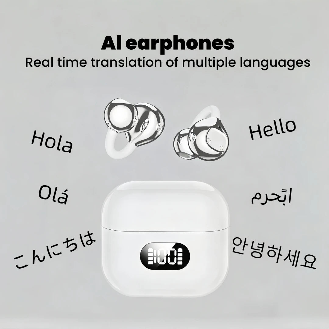 AI Translator Earbuds, Clip-On Open Ear Headphones, Wireless Bluetooth Translation Earphones with 144 Languages Real-Time Trans