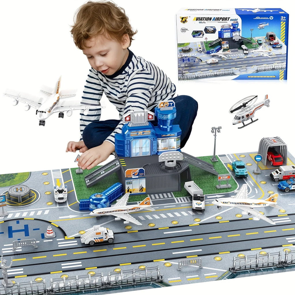 Airplane Toy Set with Trucks Helicopter Planes Signs Airport Playmat Interactive Early Learning Toys Birthday Gift for Boy Girl