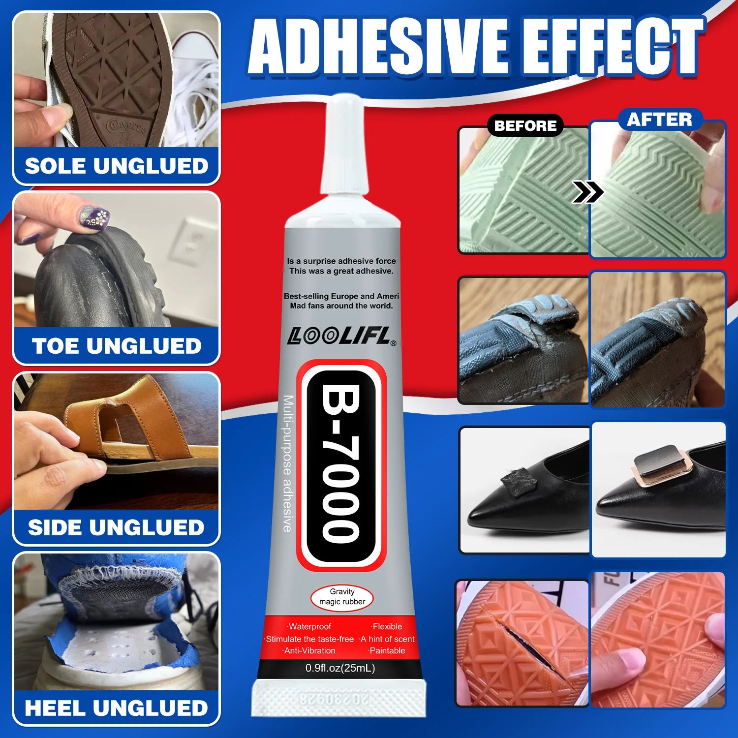 B7000 Shoe Glue, Professional Grade Repair Adhesive for All Footwear Instant Bond,Clear Drying,Flexible, & Durable for Shoe Edge