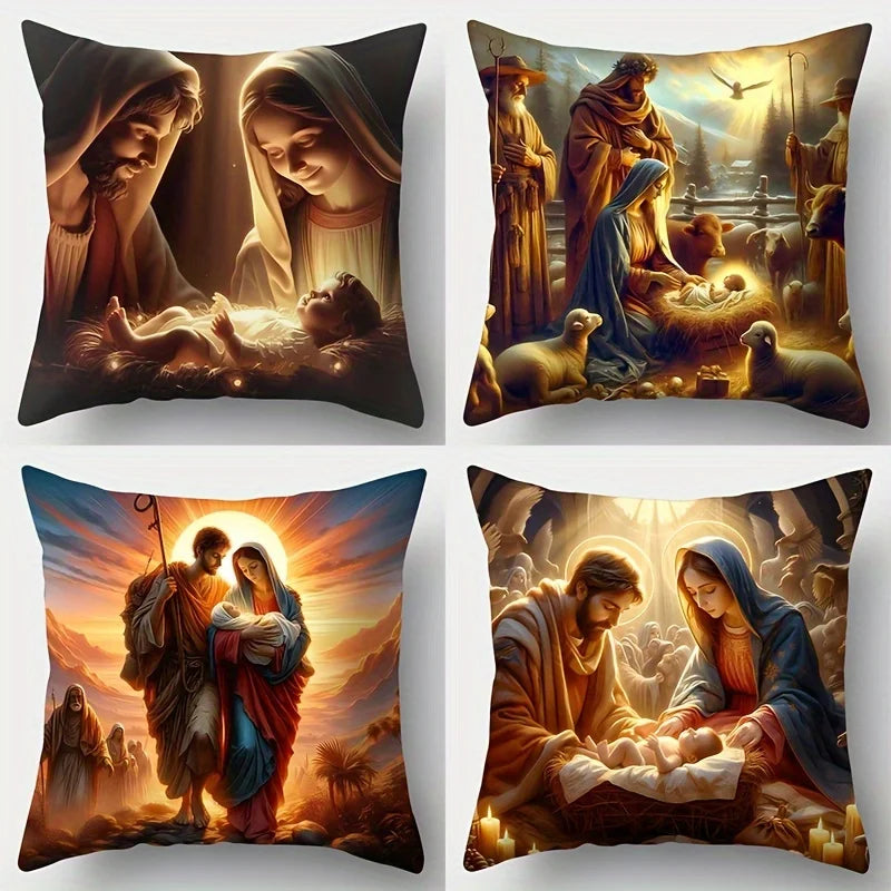 4Pcs Traditional Christmas Pillow Covers - Cozy Nativity Scene with Jesus, Ox Sheep Pattern,Woven Polyester for Living Room Home