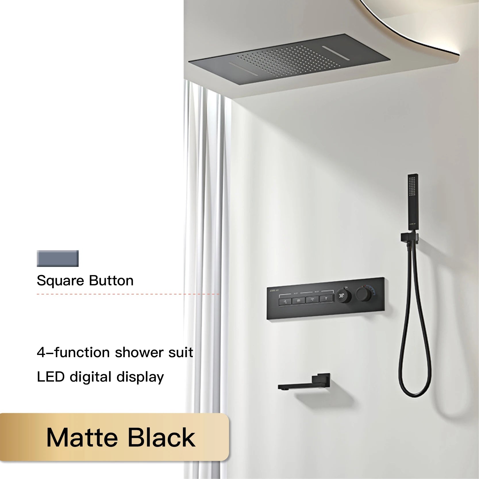 Luxury Black Brass Shower System Wall-Mounted LED Digital Display Design Cold & Hot Dual-Control 4-Function Ceiling Shower Tap