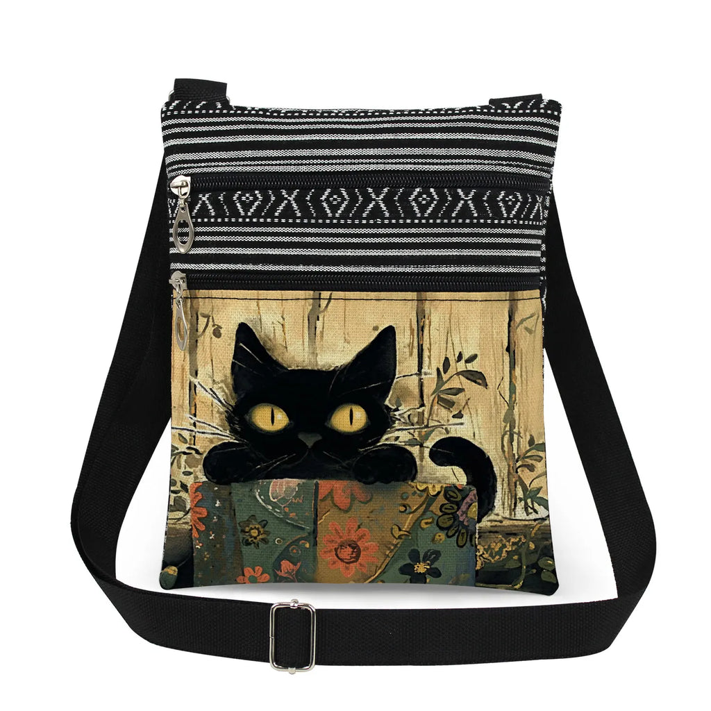 Cute Cartoon Black Cat Print Crossbody Bags Shoulder Bags For Women Daily Travel Portable Small Messenger Bags Catkeeper Gift