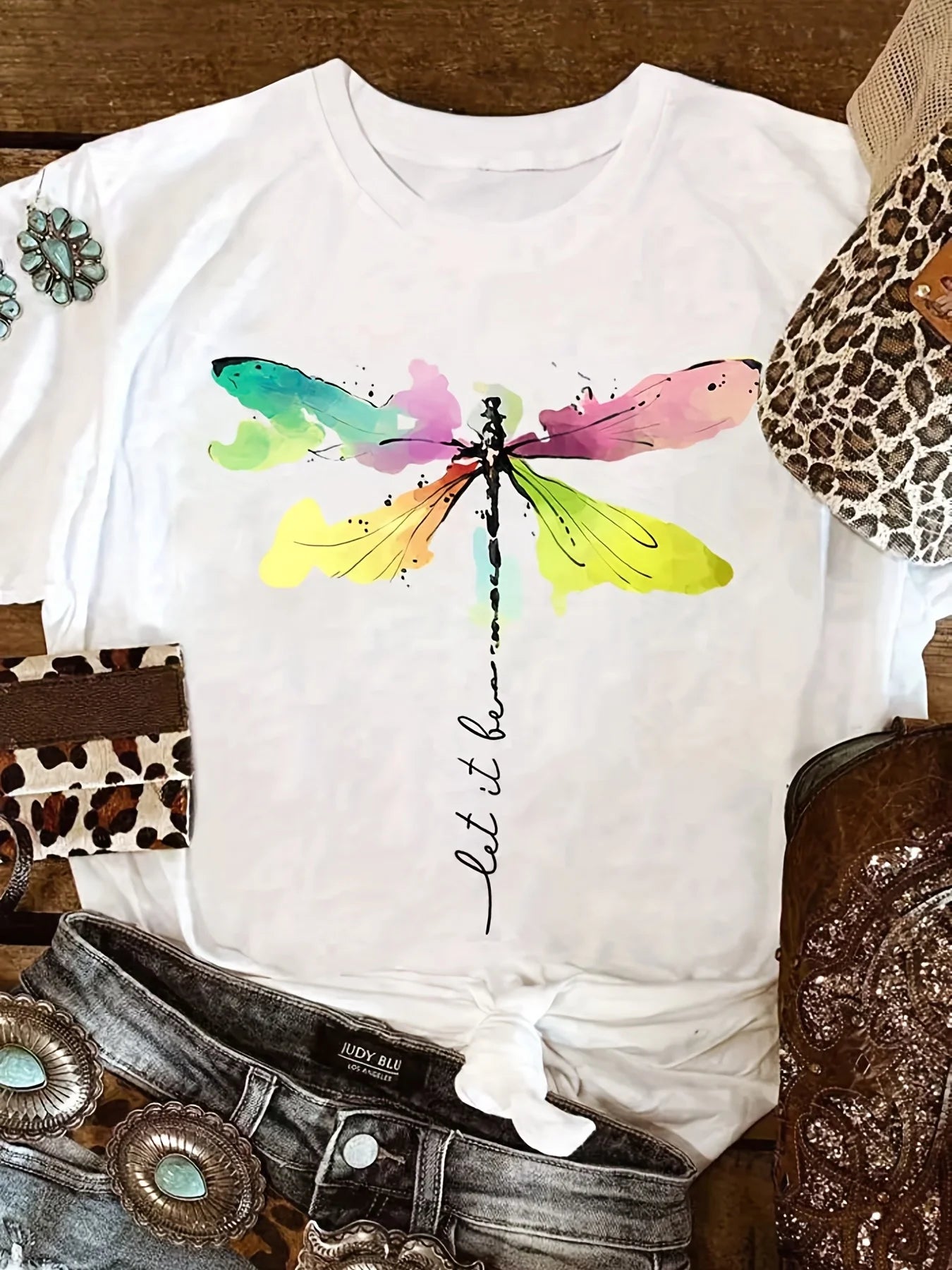 Dragonfly Print Crew Neck T-Shirt Casual Short Sleeve T-Shirt for Spring & Summer Women's Clothing Aesthetic Clothes Plus Size