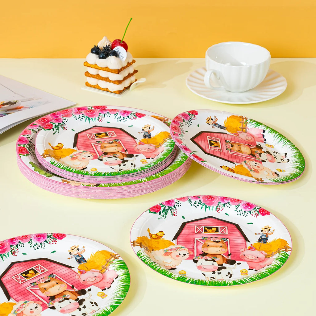 Floral Farm Animal Disposable Paper Plates 7/9 Inch Round Dessert Plates for Girls Birthday Baby Shower Decor