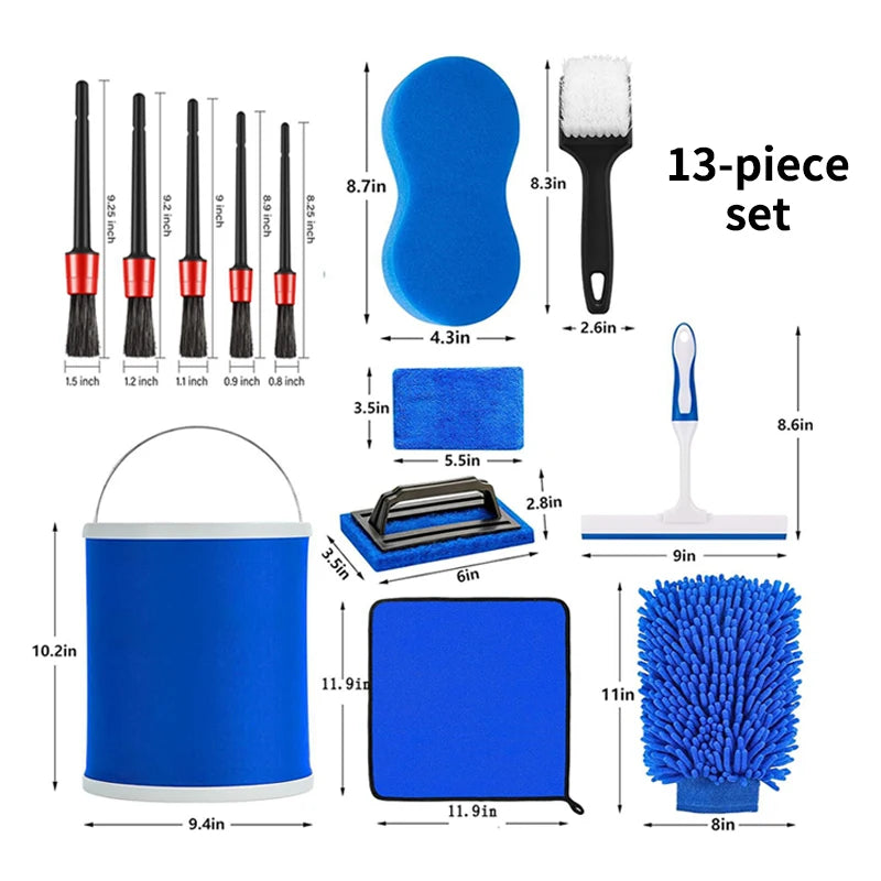SEAMETAL 13pcs Car Washing Tool Kit Cleaning Brush/Drying Towel/Glove/Foam Sponge/Foldable Bucket Car Wash Care Maintenance Set