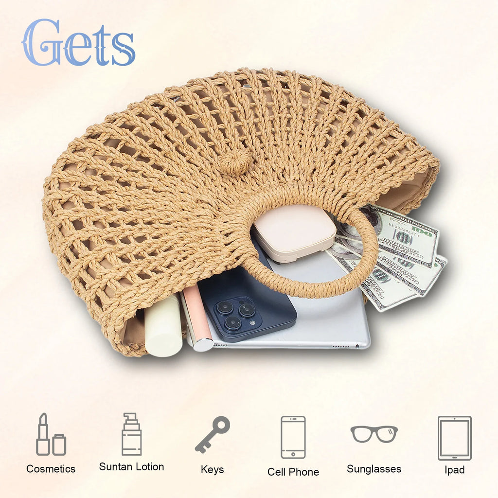 Large Capacity Summer Handmade Straw Weave Bags For Women Half-Round Rattan Woven Beach Bag Ladies Beach Wrapped Handbags Totes