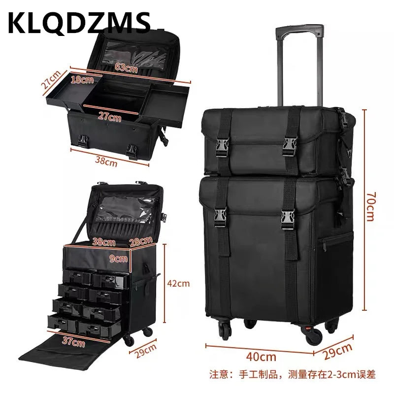 KLQDZMS Professional Cosmetic Case Female Oxford Cloth Beauty Manicure Toolkit Large Capacity Trolley With Wheel Luggage Bag