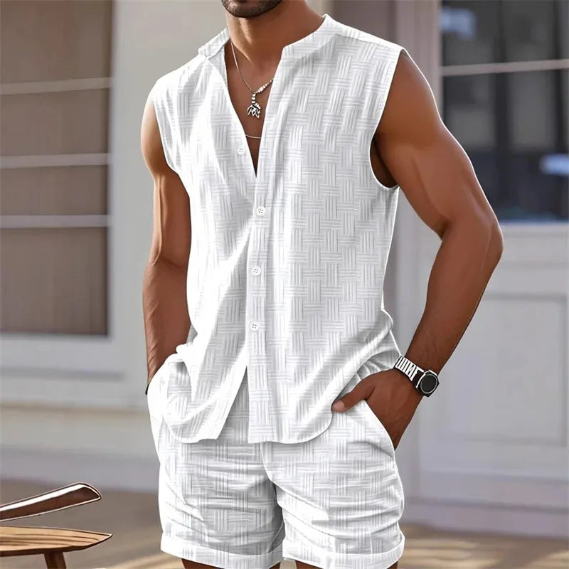 Men's vest shirt, sleeveless top and shorts two-piece checkered set, casual and fashionable Hawaiian beach set