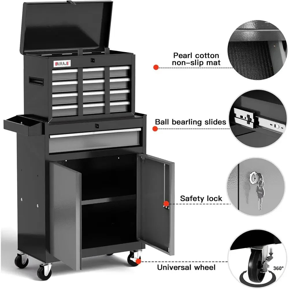 40-Inch Rolling Tool Chest with Detachable Top, Portable Cabinet for Workshop and Garage Storage, Black
