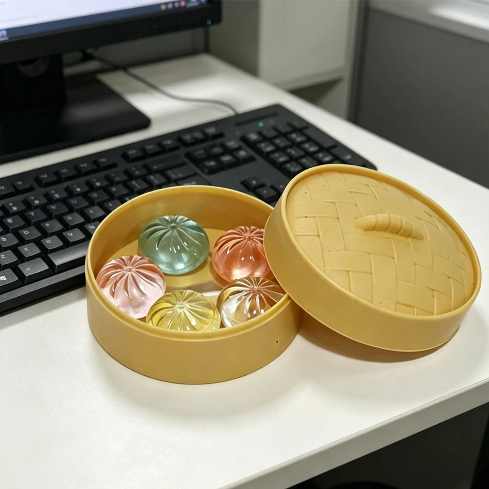 5Pcs Mini Dumplings with Steamer Bun Squeezable Toys Set Soft Stress Relief Crystal Squishy Fidget Sensory Toy Party Favors Gift