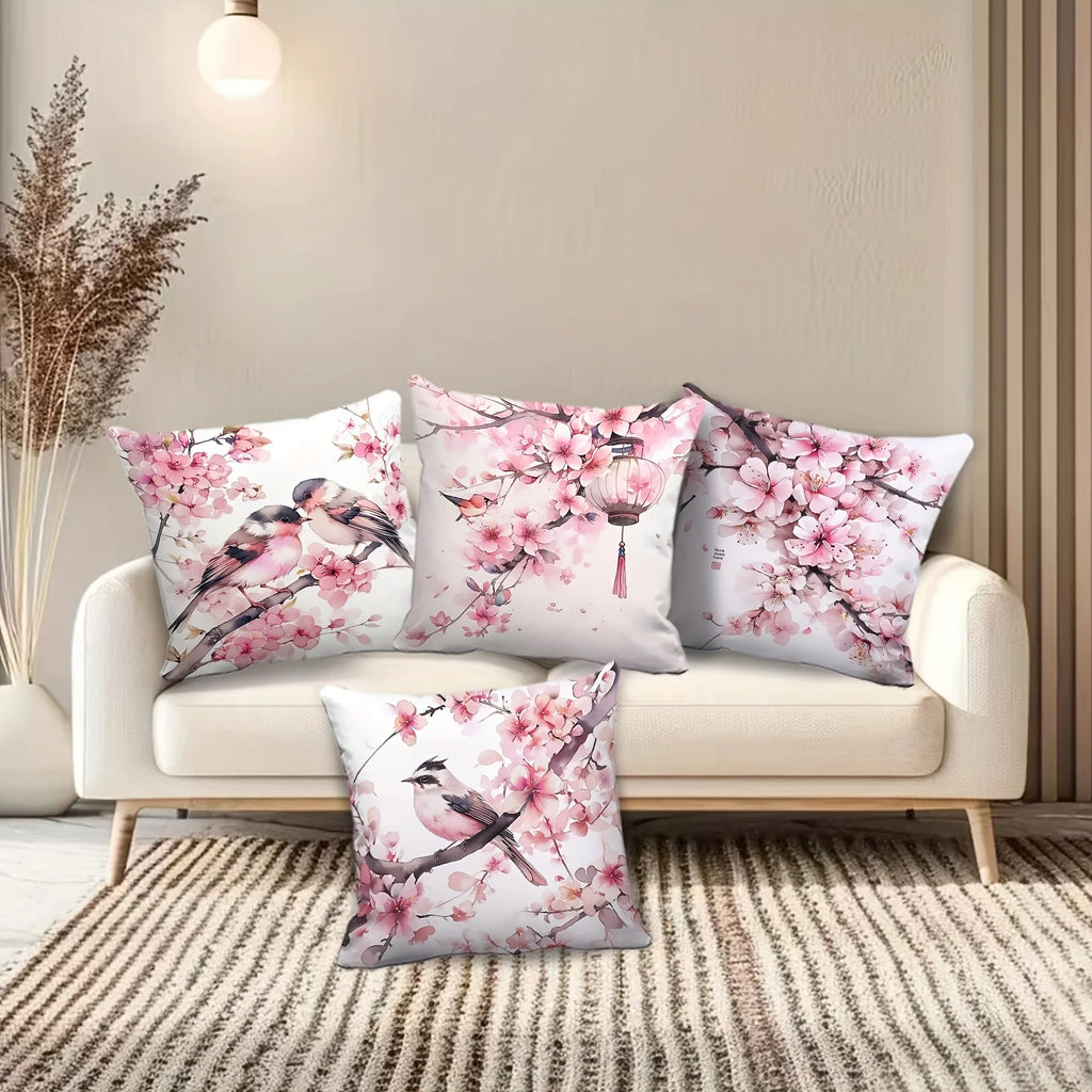 4-Piece Pillowcase Set, Square Cushion Covers with a Pink Cherry Blossom and Lantern Pattern on a White S Insert Not Included
