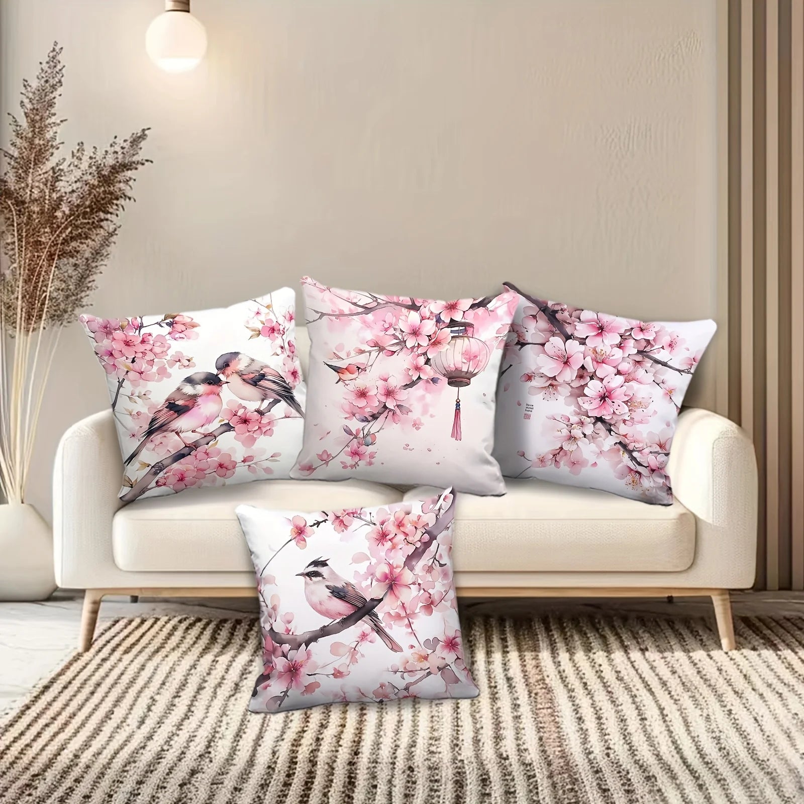 4-Piece Pillowcase Set, Square Cushion Covers with a Pink Cherry Blossom and Lantern Pattern on a White S Insert Not Included