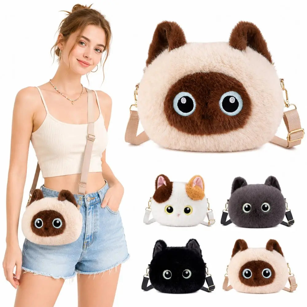 Cute Big Head Cat Crossbody Bag Fluffy Lightweight Cat Shoulder Bag Simulation Versatile Handbag Adult Kid Teenager
