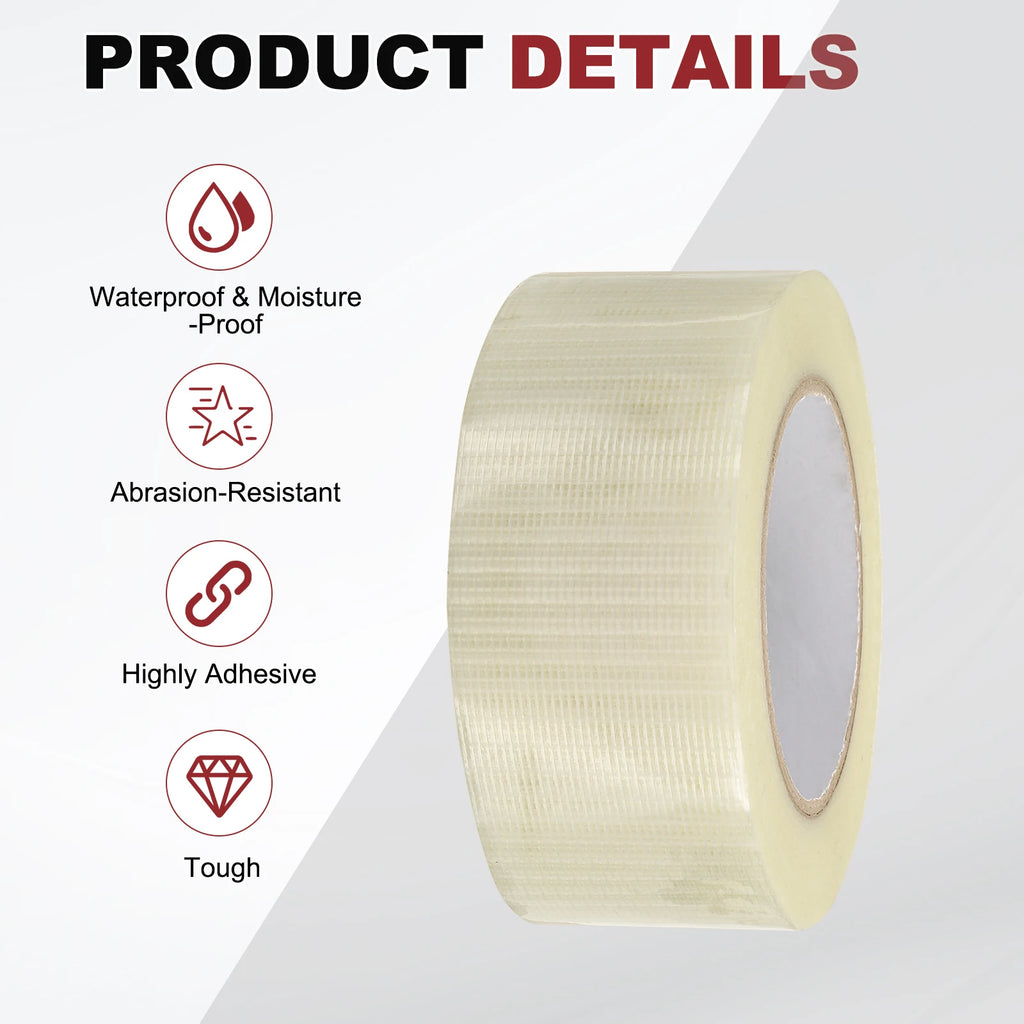 1-12Roll 50Meter Filament Strapping Tape 5.9 Mil Heavy Duty Fiberglass Mesh Reinforced Packaging Clear Waterproof Adhesive Tapes