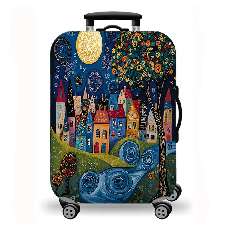 Luggage Cover, Colorful Fairy Tale Town Folk Art Print Stretch Suitcase Protector, Washable Anti-Scratch Travel Baggage Cover